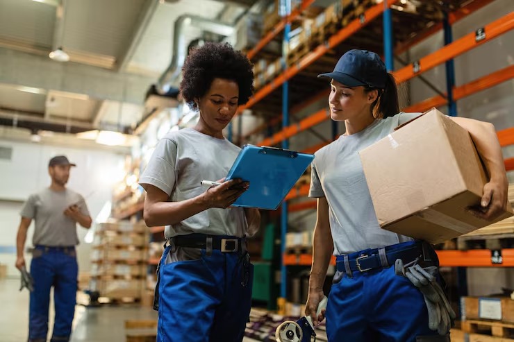 imgi 11 low angle view two female workers reading delivery schedule list while working distribution warehouse 637285 3984