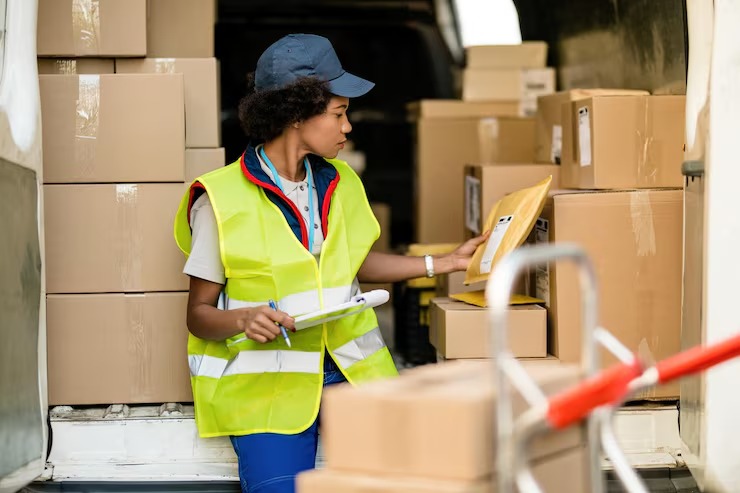 imgi 12 black female courier working checking packages delivery van 637285 1238